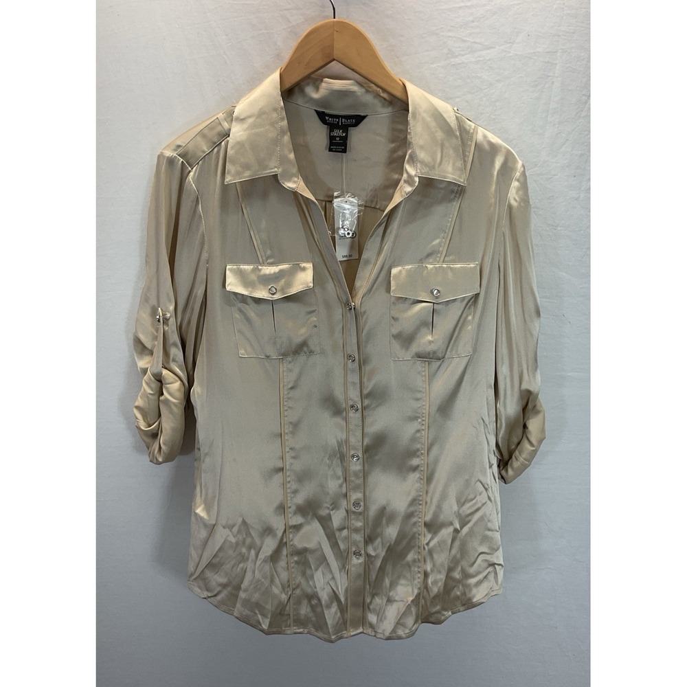 New White House Black Market Silk Stretch Button Up Blouse Size 12 Beige Satin